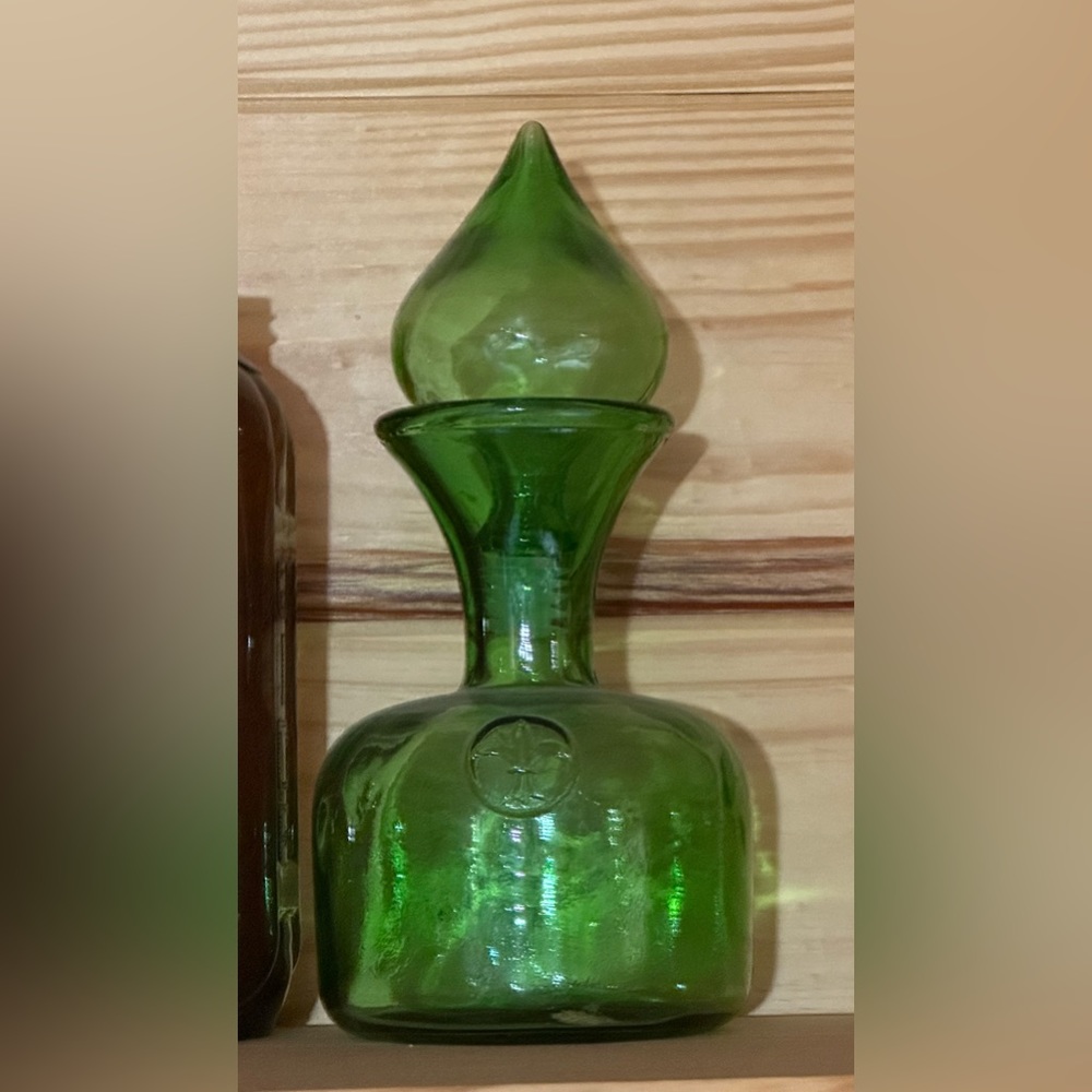 Vintage Empoli Green Blown Glass Decanter. Fleur de Lys accent (Art Nouveau).